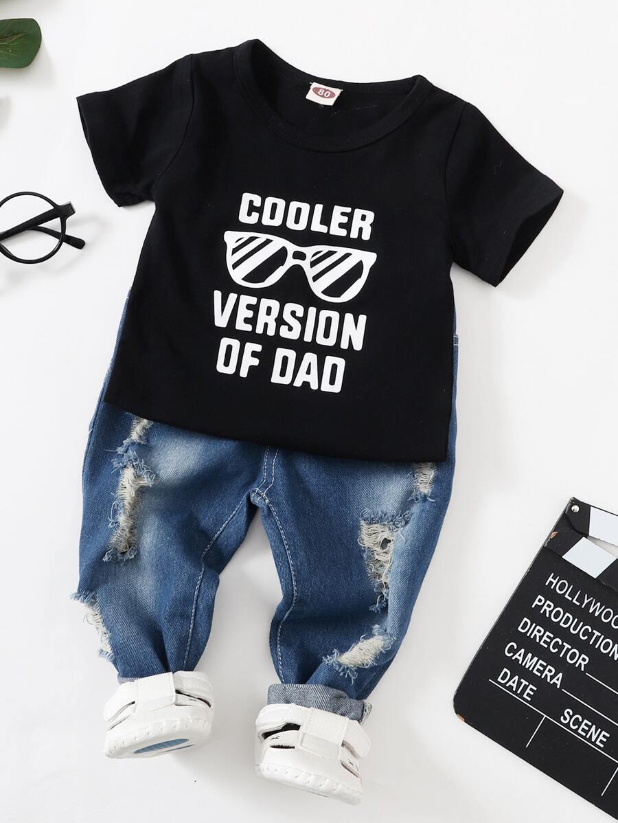 Baby Boy Slogan And Glasses Print Tee & Ripped Jeans