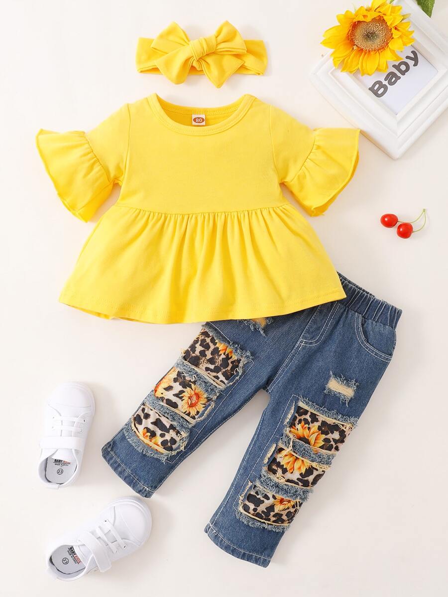 Baby Flounce Sleeve Tee & Patched Jeans & Headband - Multicolor - View 1