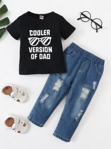 Baby Boy Slogan And Glasses Print Tee & Ripped Jeans
