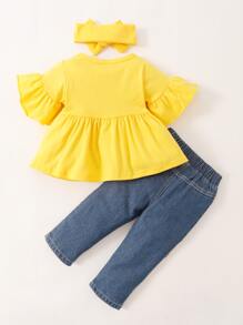 Baby Flounce Sleeve Tee & Patched Jeans & Headband - Multicolor - View 2