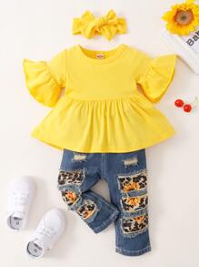 Baby Flounce Sleeve Tee & Patched Jeans & Headband - Multicolor - View 5