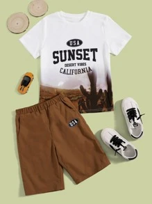 SHEIN Leap Crew Tween Boy Letter & Graphic Print Tee & Shorts Set - Multicolor - View 1