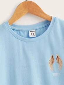 SHEIN Tween Boy Wing & Letter Graphic Tee - Baby Blue - View 3