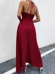 SHEIN Belle 蕾絲拼接後背繫帶A字連衣裙 - 酒紅色 - 查看 2