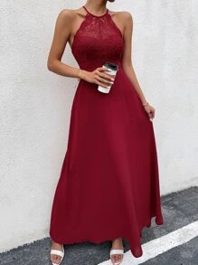 SHEIN Belle 蕾絲拼接後背繫帶A字連衣裙 - 酒紅色 - 查看 3