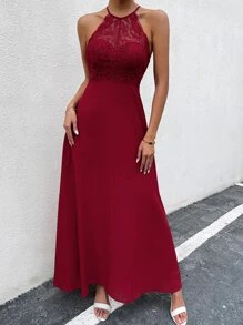 SHEIN Belle 蕾絲拼接後背繫帶A字連衣裙 - 酒紅色 - 查看 4