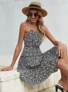 Đầm Lộ Lưng viền lá sen Viên lá sen Buộc lại phân lớp Họa tiết hoa Boho - Nhiều màu - Xem 3