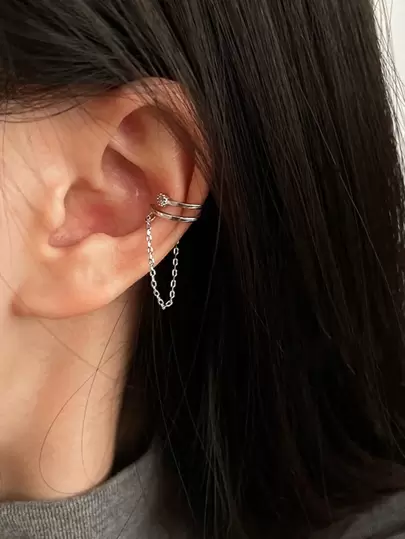 1pc Cubic Zirconia & Chain Decor Ear Cuff Copper Jewelry