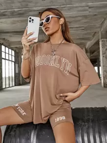 SHEIN Unity de hombros caídos con estampado de letra Top con Shorts biker Conjunto - Albaricoque - Ver 1