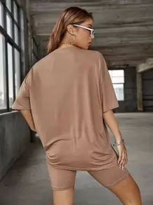 SHEIN Unity de hombros caídos con estampado de letra Top con Shorts biker Conjunto - Albaricoque - Ver 2