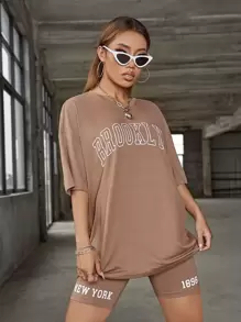 SHEIN Unity de hombros caídos con estampado de letra Top con Shorts biker Conjunto - Albaricoque - Ver 4