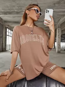 SHEIN Unity de hombros caídos con estampado de letra Top con Shorts biker Conjunto - Albaricoque - Ver 5