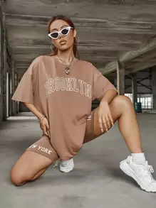 SHEIN Unity de hombros caídos con estampado de letra Top con Shorts biker Conjunto - Albaricoque - Ver 6