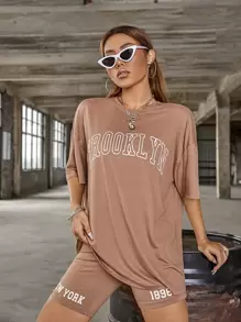 SHEIN Unity de hombros caídos con estampado de letra Top con Shorts biker Conjunto - Albaricoque - Ver 7