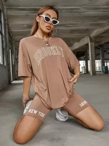 SHEIN Unity de hombros caídos con estampado de letra Top con Shorts biker Conjunto - Albaricoque - Ver 3