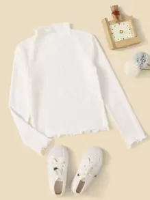 SHEIN Tween Girl Mock Neck Lettuce Trim Tee - White - View 1