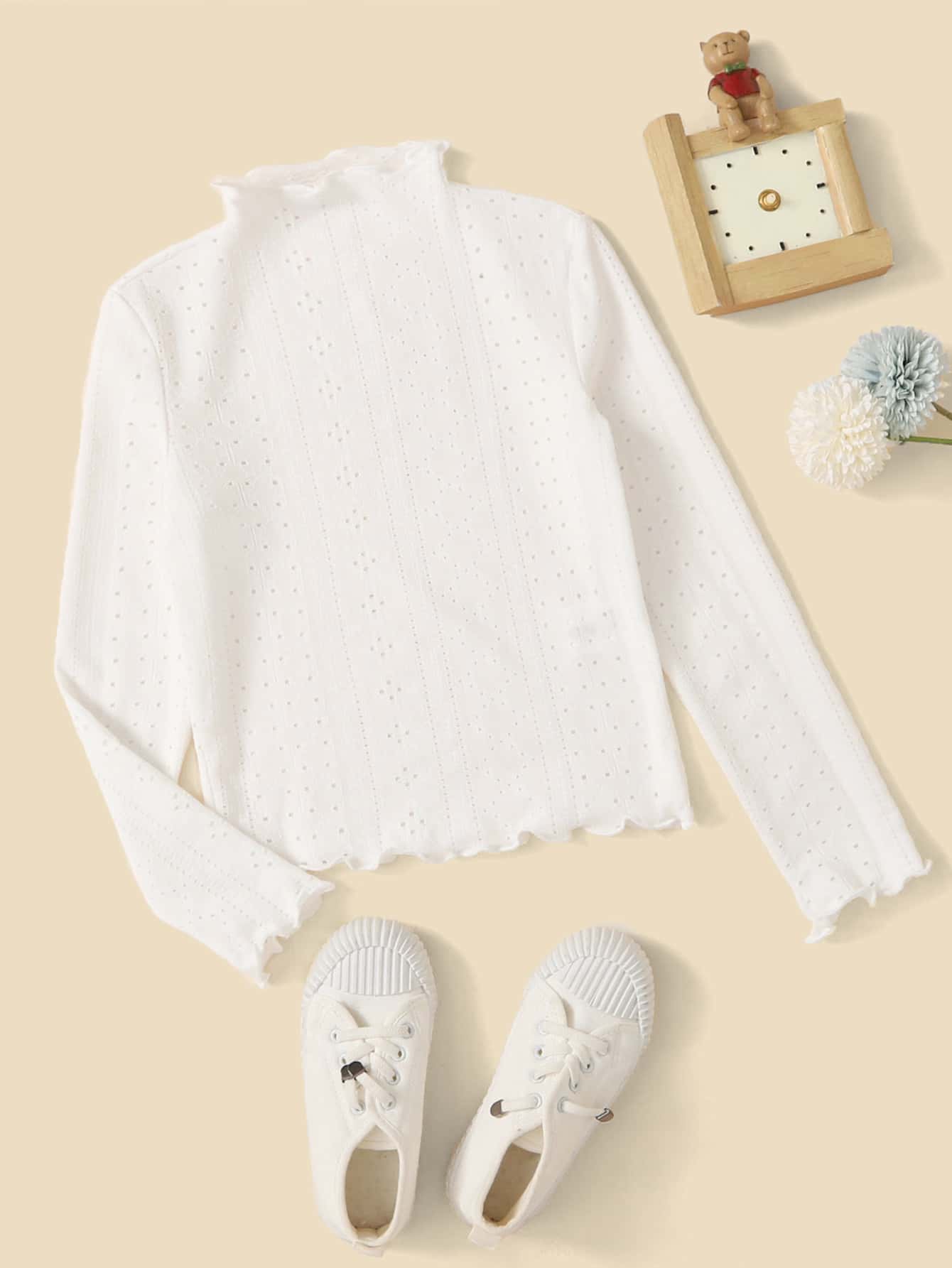 SHEIN Tween Girl Mock Neck Lettuce Trim Tee - White - View 1