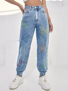 高腰字母刺繡牛仔褲 - 淺色水洗藍 - 查看 1