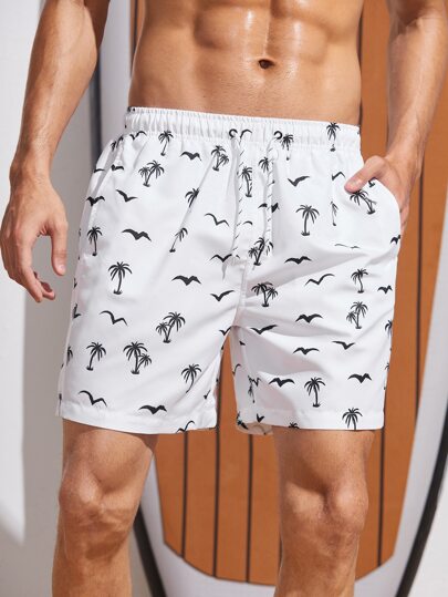 Guys Coconut Tree & Bird Print Drawstring Waist Swim Trunks