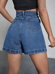 SHEIN EZwear Quần short denim nữ Nút Dây kéo màu trơn - Rửa trung bình - Xem 2