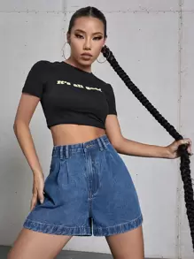 SHEIN EZwear Quần short denim nữ Nút Dây kéo màu trơn - Rửa trung bình - Xem 3