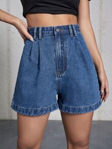SHEIN EZwear Quần short denim nữ Nút Dây kéo màu trơn - Rửa trung bình - Xem 4