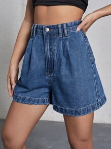SHEIN EZwear Quần short denim nữ Nút Dây kéo màu trơn - Rửa trung bình - Xem 5