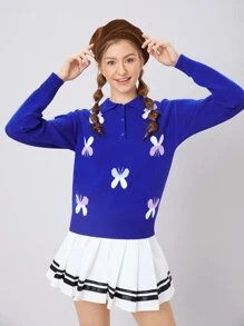 SHEIN EZwear Pull à motif papillon à bouton - bleu indigo - Voir 1