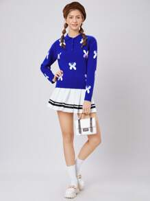 SHEIN EZwear Pull à motif papillon à bouton - bleu indigo - Voir 3