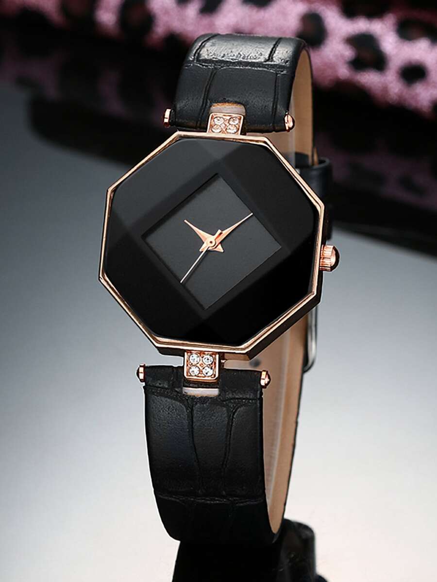 Reloj cuarzo con diseño de diamante de imitación polígono puntero - Negro - Ver 1