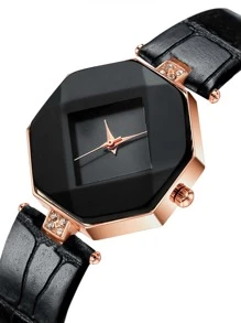 Reloj cuarzo con diseño de diamante de imitación polígono puntero - Negro - Ver 2