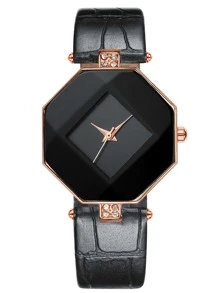 Reloj cuarzo con diseño de diamante de imitación polígono puntero - Negro - Ver 3