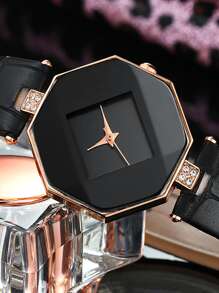 Reloj cuarzo con diseño de diamante de imitación polígono puntero - Negro - Ver 4