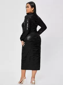 SHEIN Allurite Plus Zebra Striped Jacquard Mock Neck Dress - Black - View 2