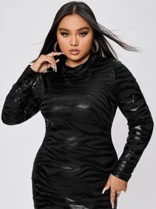 SHEIN Allurite Plus Zebra Striped Jacquard Mock Neck Dress - Black - View 3