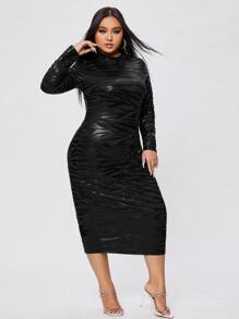 SHEIN Allurite Plus Zebra Striped Jacquard Mock Neck Dress - Black - View 4