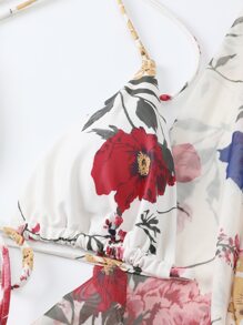 Swim Vcay Conjunto de bikini de malla con estampado floral Parte superior de sujetador triangular y parte inferior de bikini con lazo lateral y traje de baño de 3 piezas tipo kimono - Multicolor - Ver 4