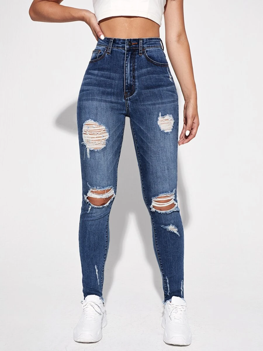 SHEIN EZwear Ripped Detail Skinny Jeans