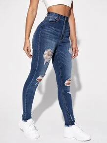 SHEIN EZwear Ripped Detail Skinny Jeans