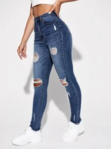 SHEIN EZwear Ripped Detail Skinny Jeans
