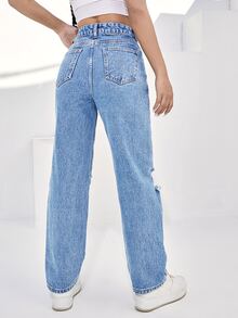 Jeans de pierna recta de talle alto desgarro - Azul lavado medio - Ver 2