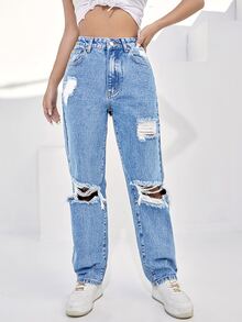 Jeans de pierna recta de talle alto desgarro - Azul lavado medio - Ver 3