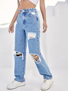 Jeans de pierna recta de talle alto desgarro - Azul lavado medio - Ver 4