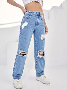 Jeans de pierna recta de talle alto desgarro - Azul lavado medio - Ver 5