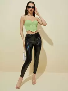 SHEIN BAE High Waist PU Leather Skinny Pants - Black - View 3