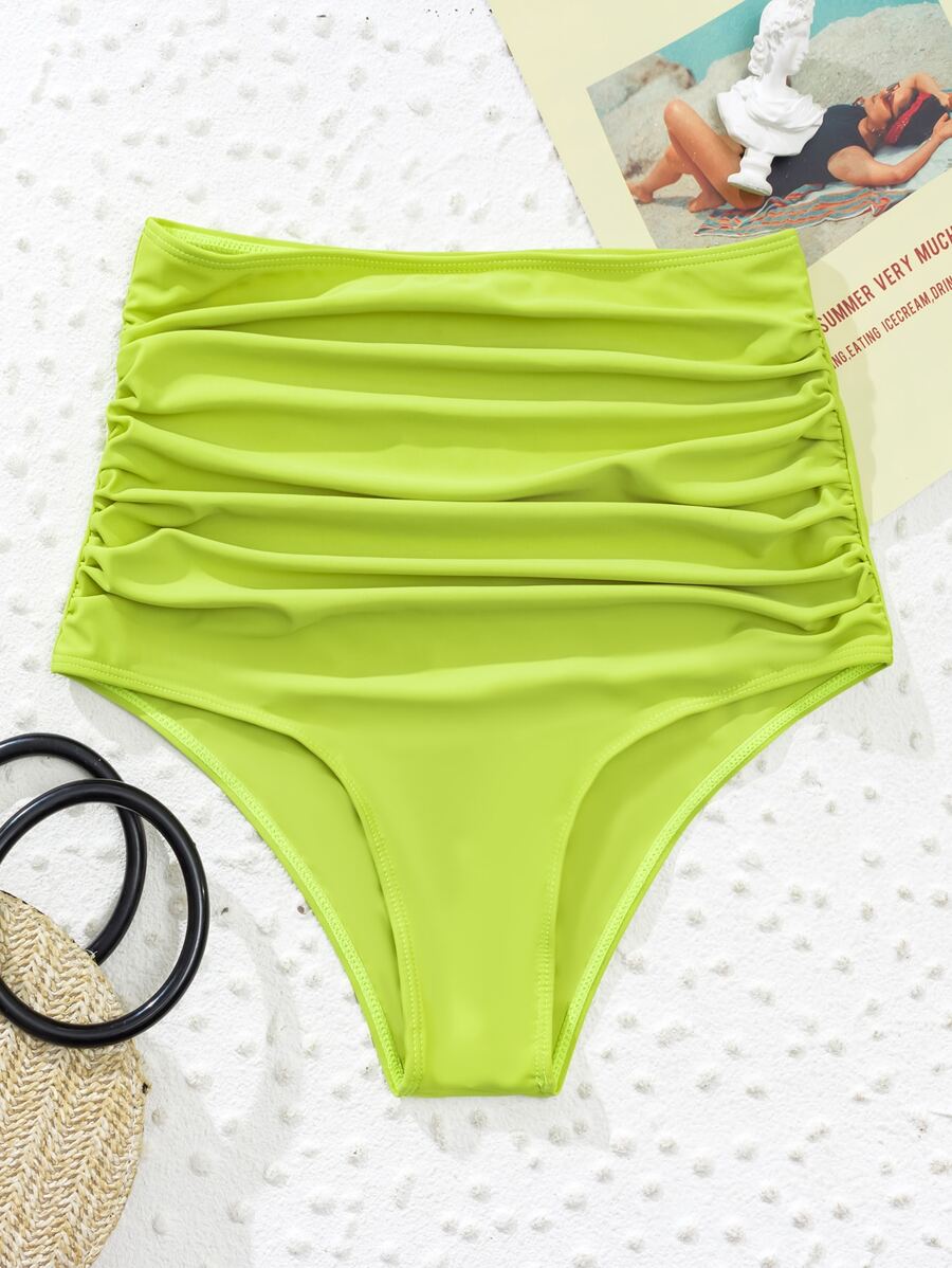 Ruched High Waisted Bikini Bottom, For Summer Beach Vacation - Olive Green - View 1