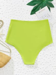 Ruched High Waisted Bikini Bottom, For Summer Beach Vacation - Olive Green - View 2