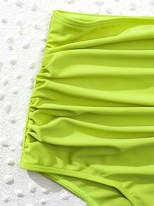 Ruched High Waisted Bikini Bottom, For Summer Beach Vacation - Olive Green - View 4