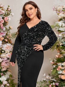 SHEIN Belle Đầm Plus Size ghép mộng kim sa Dây kéo Tách cao màu trơn Hấp dẫn - màu đen - Xem 3