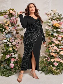 SHEIN Belle Đầm Plus Size ghép mộng kim sa Dây kéo Tách cao màu trơn Hấp dẫn - màu đen - Xem 5